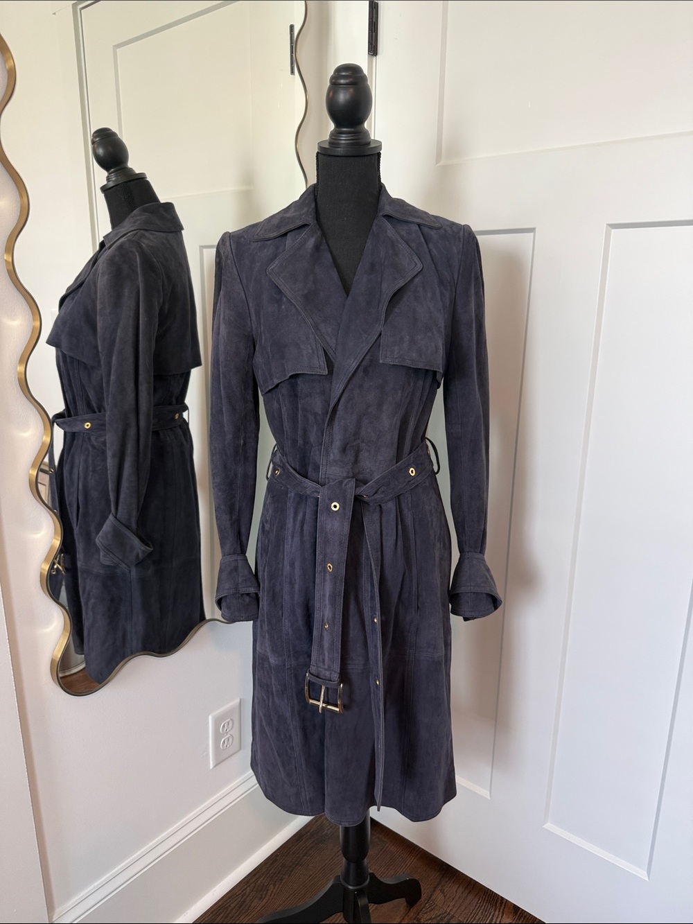 MICHAEL Michael Kors Navy Suede Trench Coat with Belt